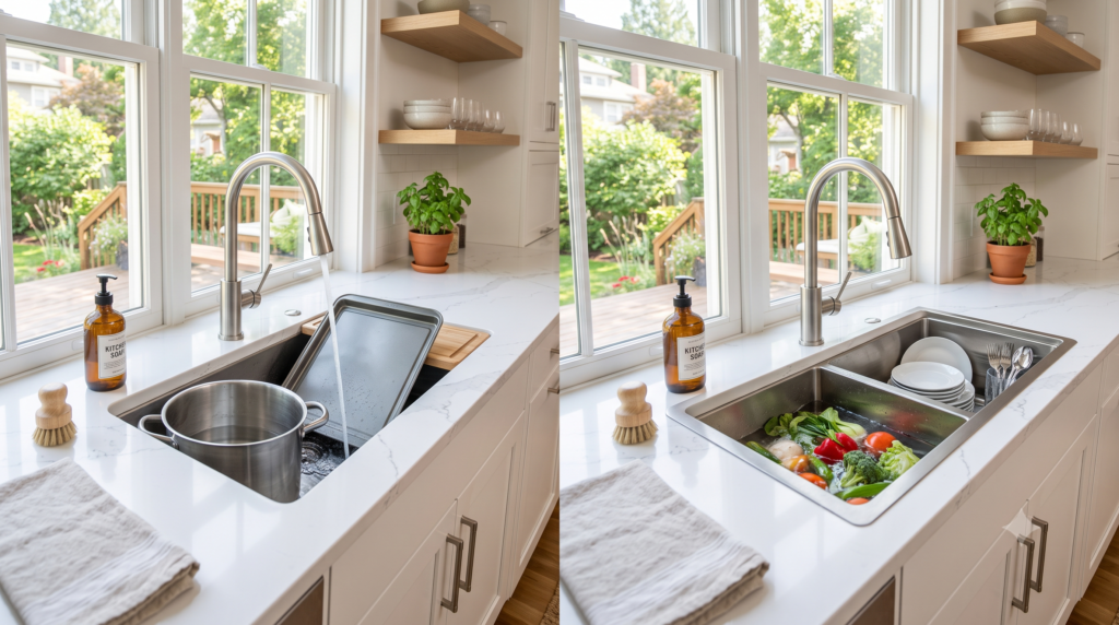 Side-by-side comparison of a single bowl kitchen sink and a double bowl kitchen sink in a modern American kitchen.