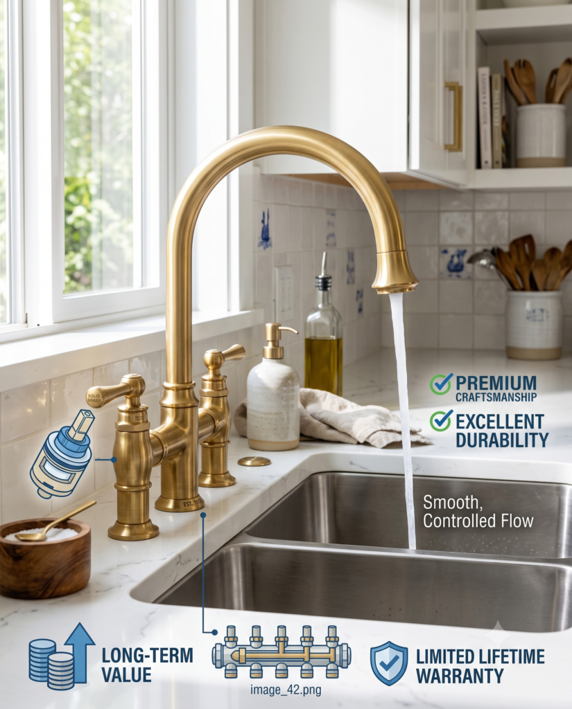 Solid brass kitchen faucet showing durability and premium construction