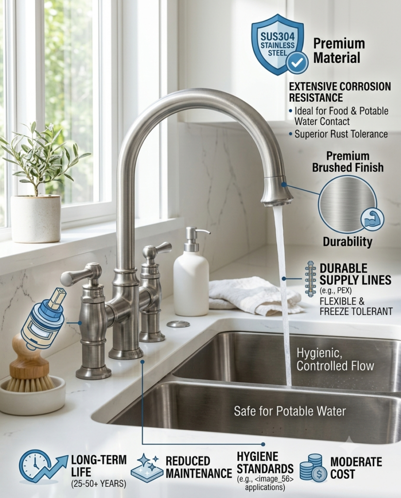 SUS304 stainless steel kitchen faucet with modern brushed finish