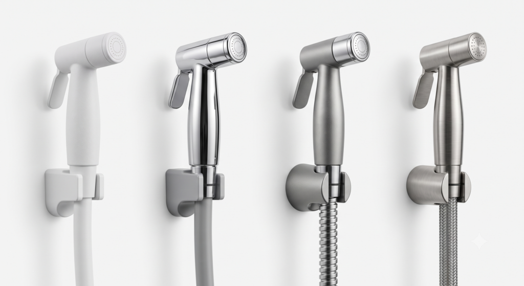 Comparison of four toilet bidet sprayer types including ABS, chrome-plated plastic, zinc alloy, and SUS304 stainless steel