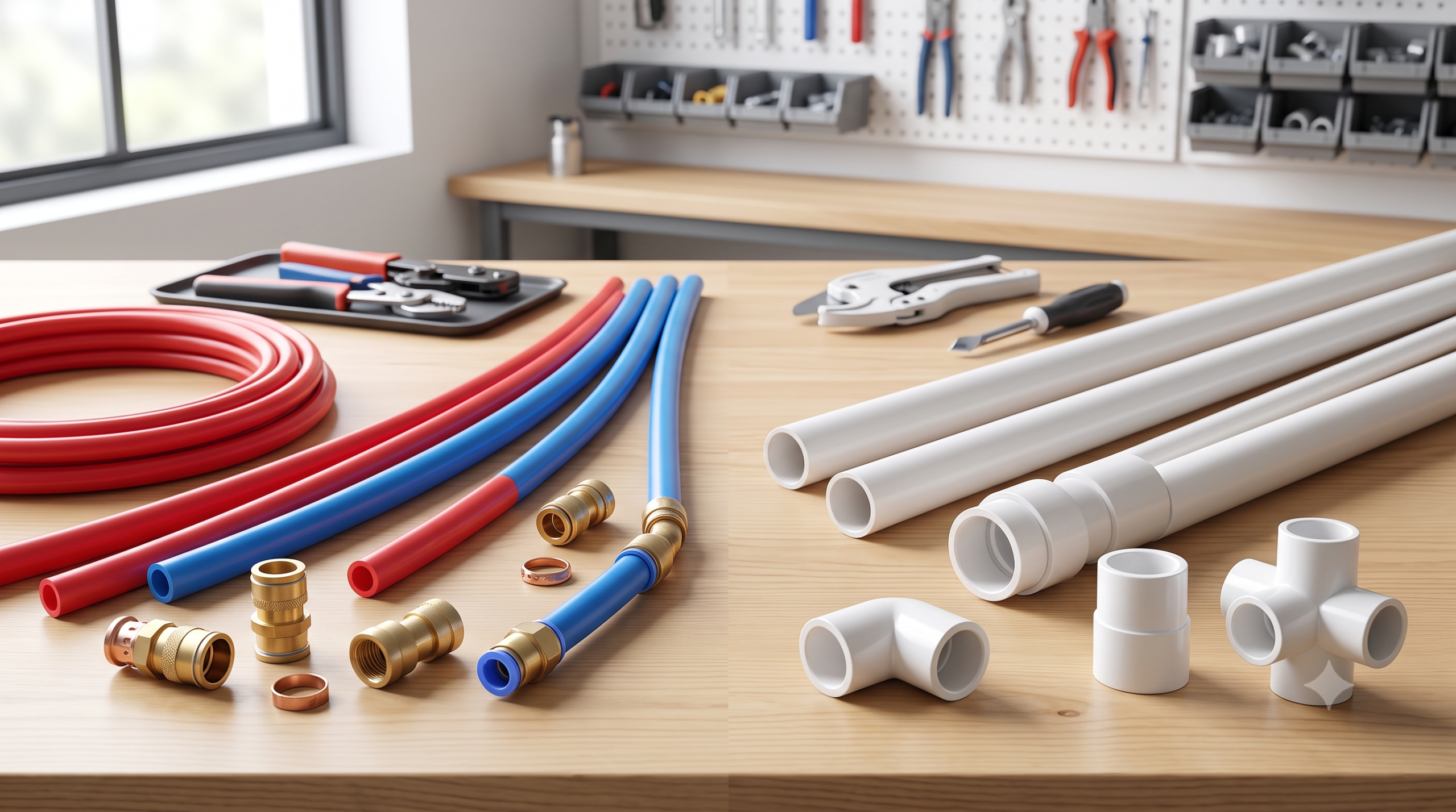 PEX tubing and PVC plumbing pipes with matching fittings compared on a workbench