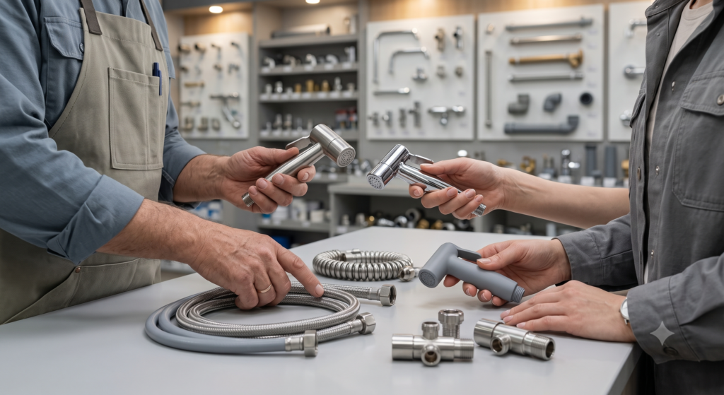 Professional plumbing expert helping a customer compare toilet bidet sprayers in a hardware store