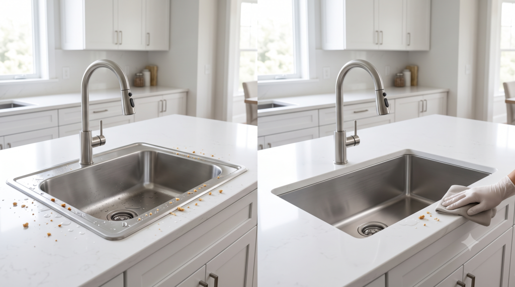 Comparison of a top mount kitchen sink and an undermount kitchen sink installed on a white quartz countertop in a modern American kitchen.