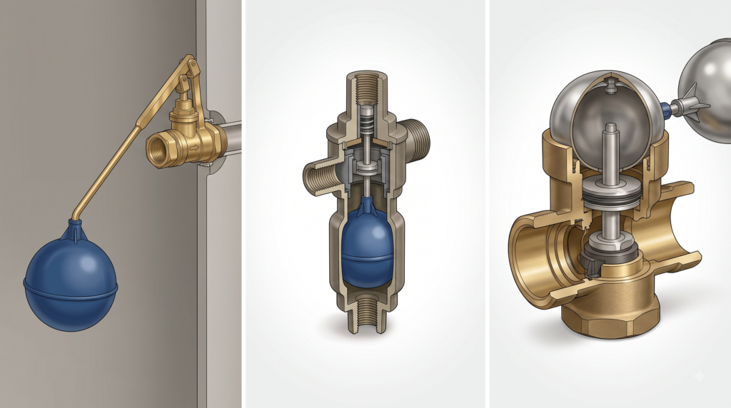 Comparison of traditional lever-arm, compact internal, and high-flow float valves