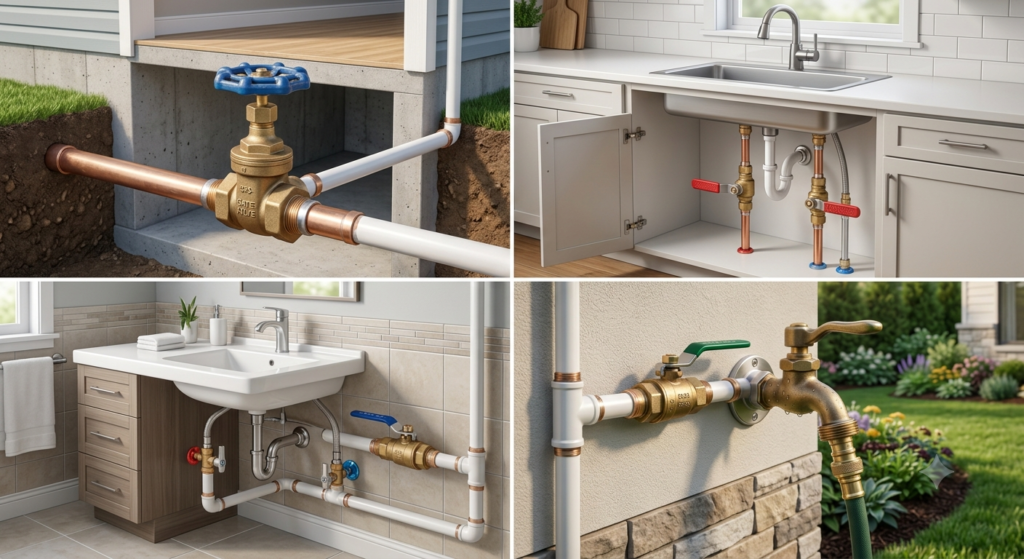 Recommended locations for gate valves and ball valves in residential plumbing