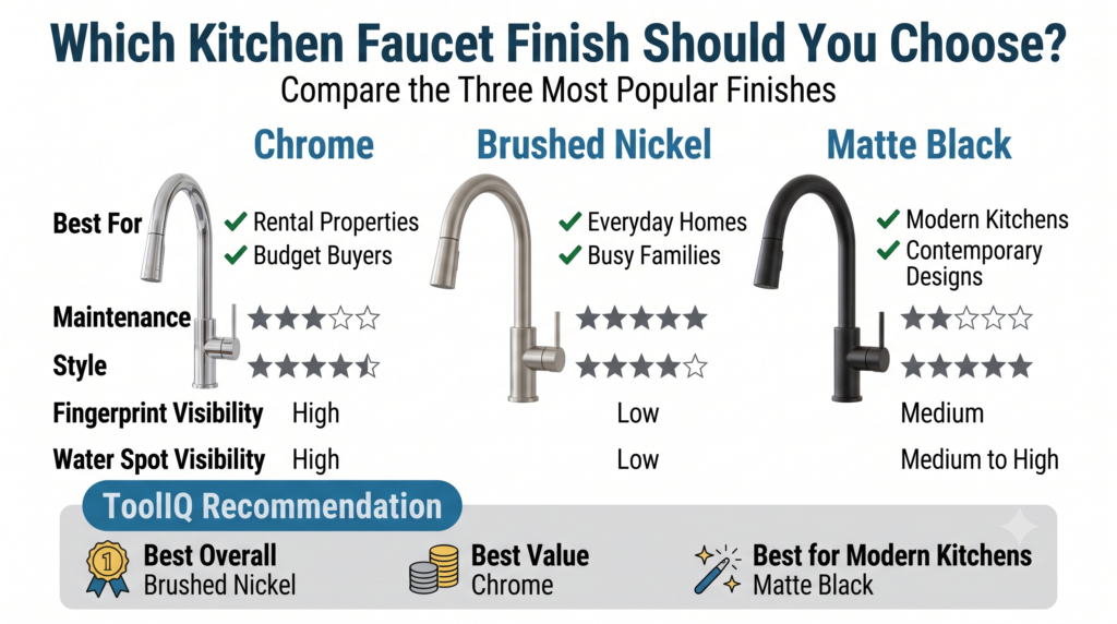 Decision guide for choosing chrome brushed nickel or matte black kitchen faucet finishes