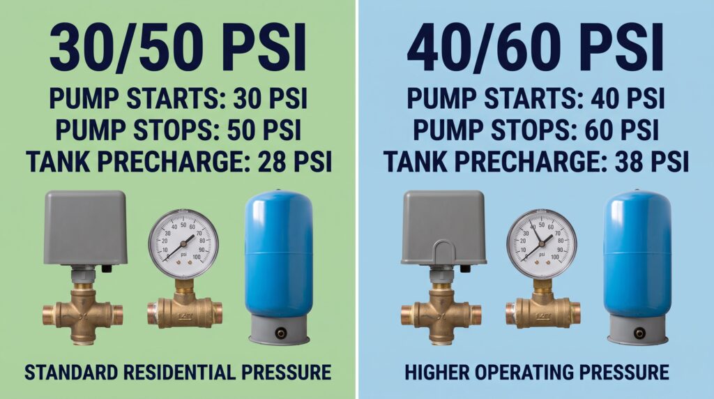Comparison of 30/50 and 40/60 PSI well pump pressure switch settings and tank precharge