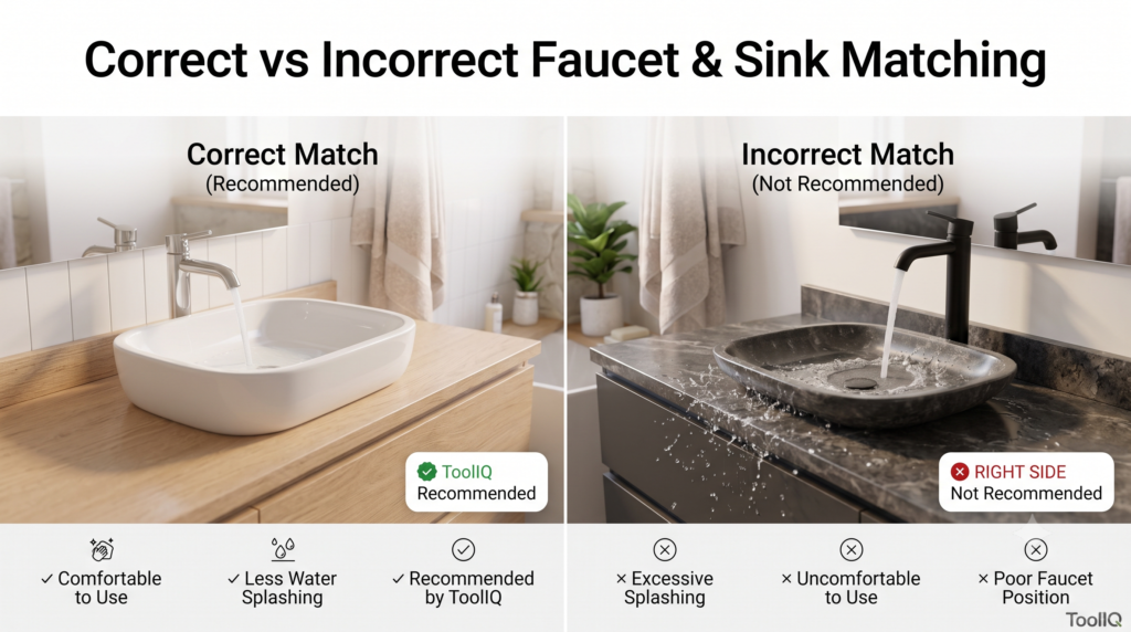 Comparison showing the correct and incorrect matching of a bathroom faucet with a bathroom sink.