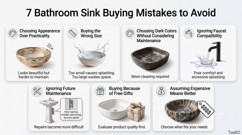 Infographic showing seven common mistakes to avoid when buying a bathroom sink.