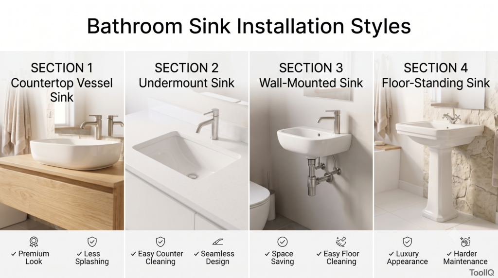 Comparison of countertop vessel, undermount, wall-mounted, and floor-standing bathroom sink installation styles.