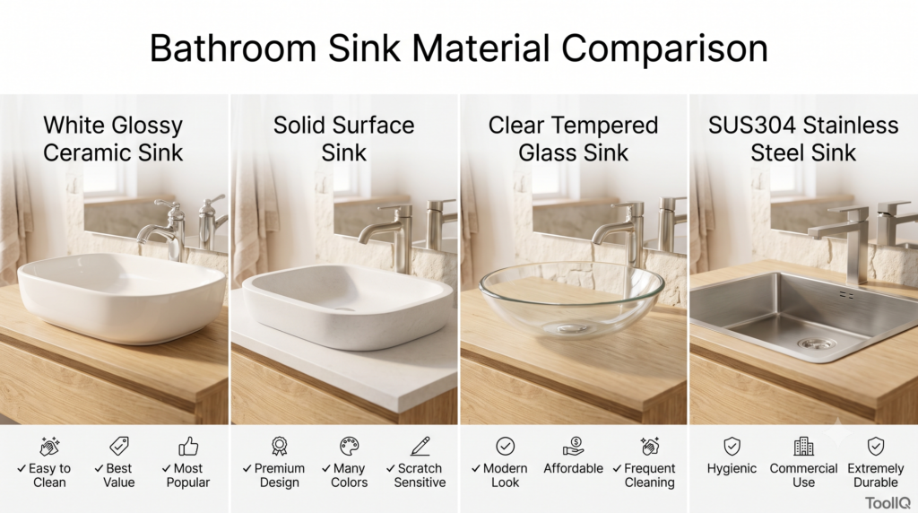 Comparison of ceramic, solid surface, glass, and stainless steel bathroom sink materials for residential bathrooms.