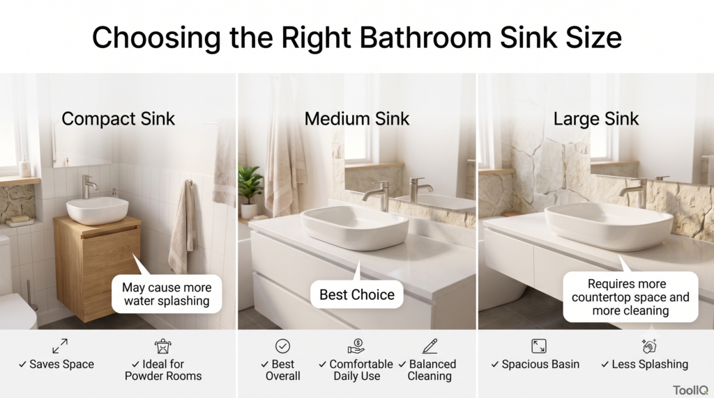 Comparison of compact, medium, and large bathroom sink sizes for residential bathrooms.