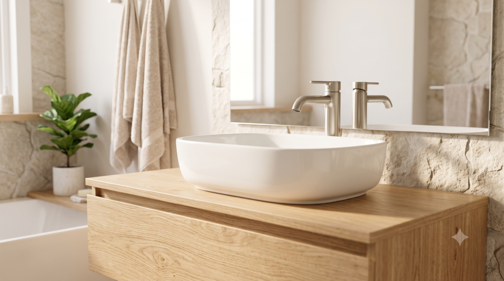 White ceramic countertop bathroom sink with brushed nickel faucet in a modern minimalist bathroom