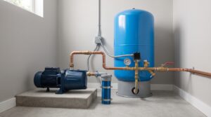 Residential Jet Pump connected to a vertical bladder pressure tank in a well water system