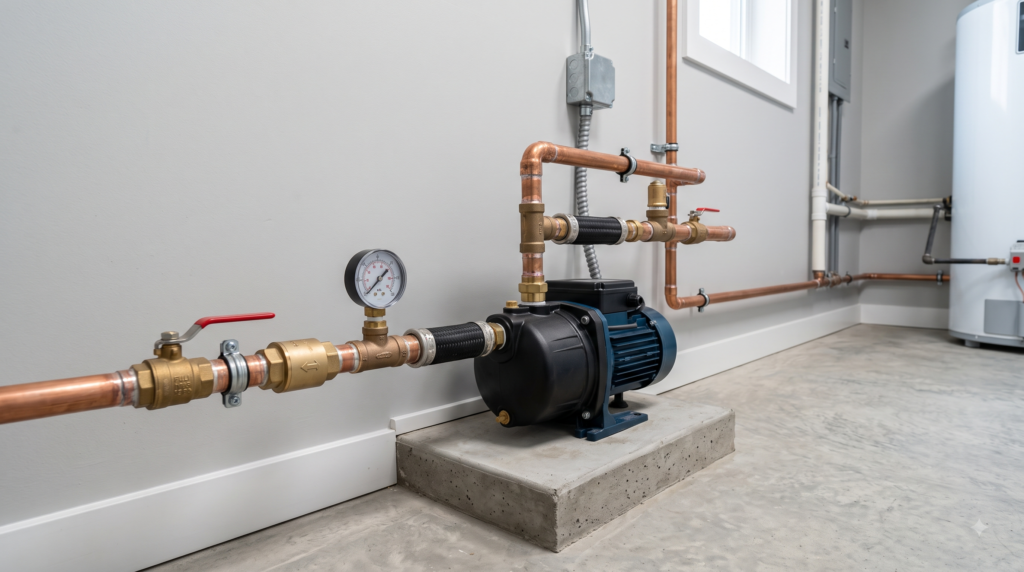 Residential water pressure booster pump installed in a utility room