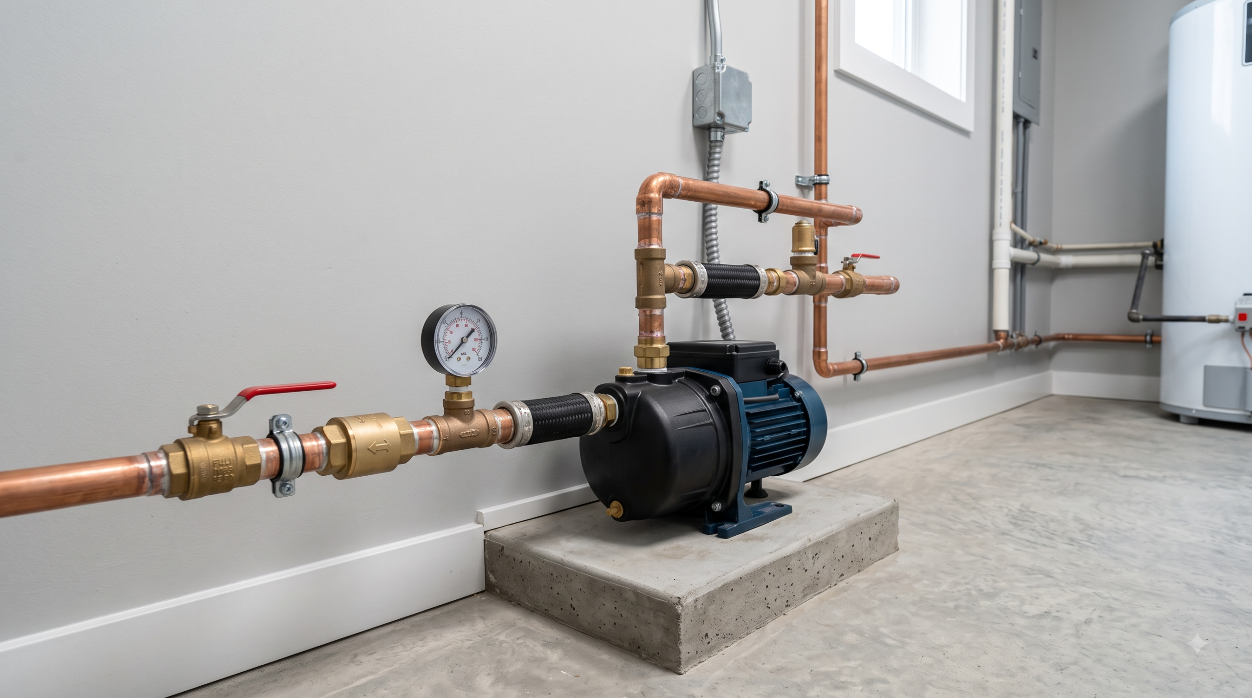 Residential water pressure booster pump installed in a utility room