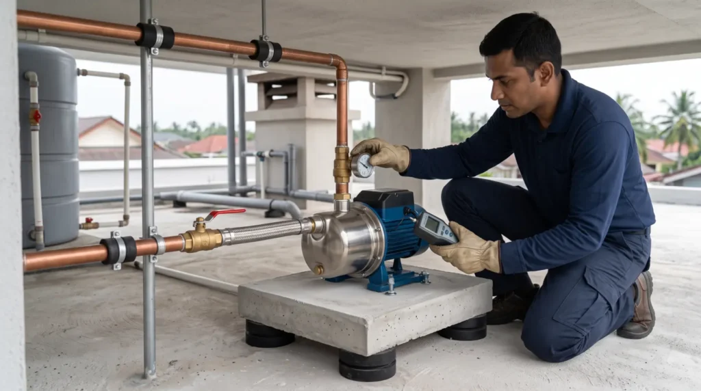 Technician diagnosing booster pump noise and vibration with a vibration meter