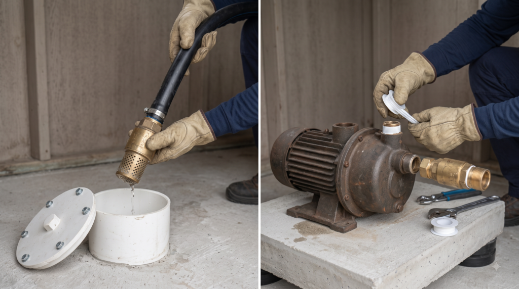 Residential brass foot valve inspection and suction-pipe air-leak repair