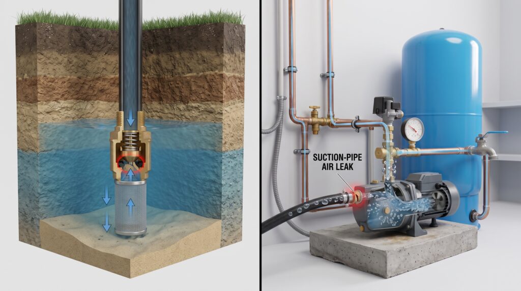 Leaking Foot Valve and suction-pipe air leak causing low Jet Pump pressure