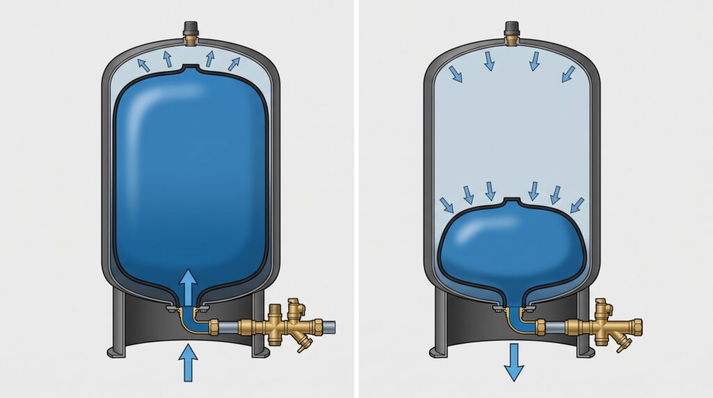 Cutaway comparison showing water entering and leaving a residential bladder pressure tank