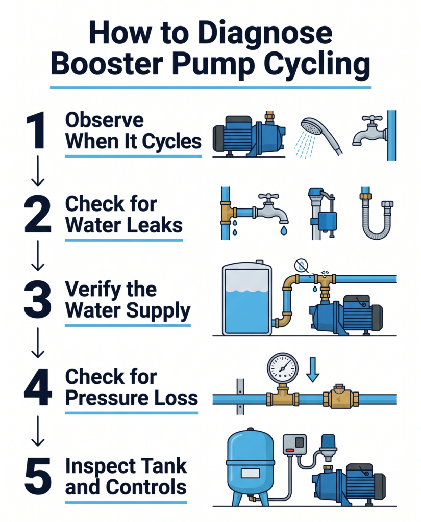 Five-step process for diagnosing booster pump cycling