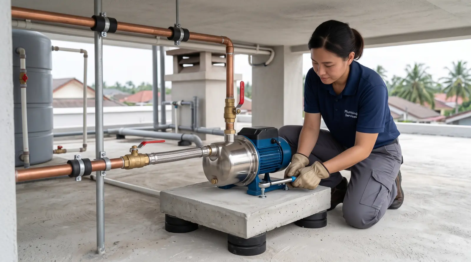 Technician reducing booster pump noise by securing the pump on anti-vibration rubber pads