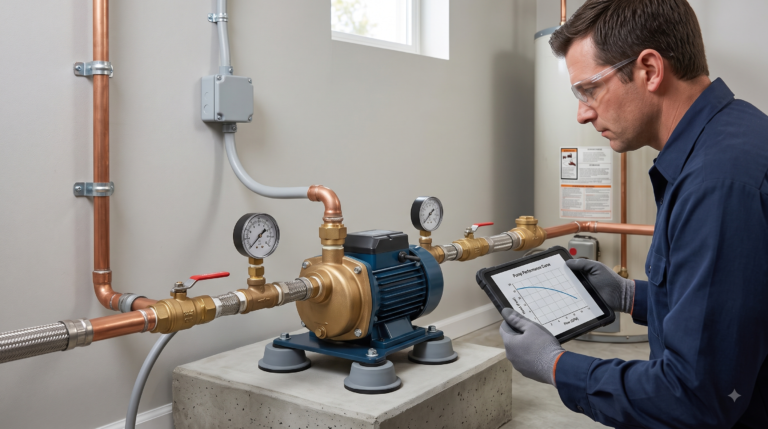 Technician sizing a residential water pressure booster pump