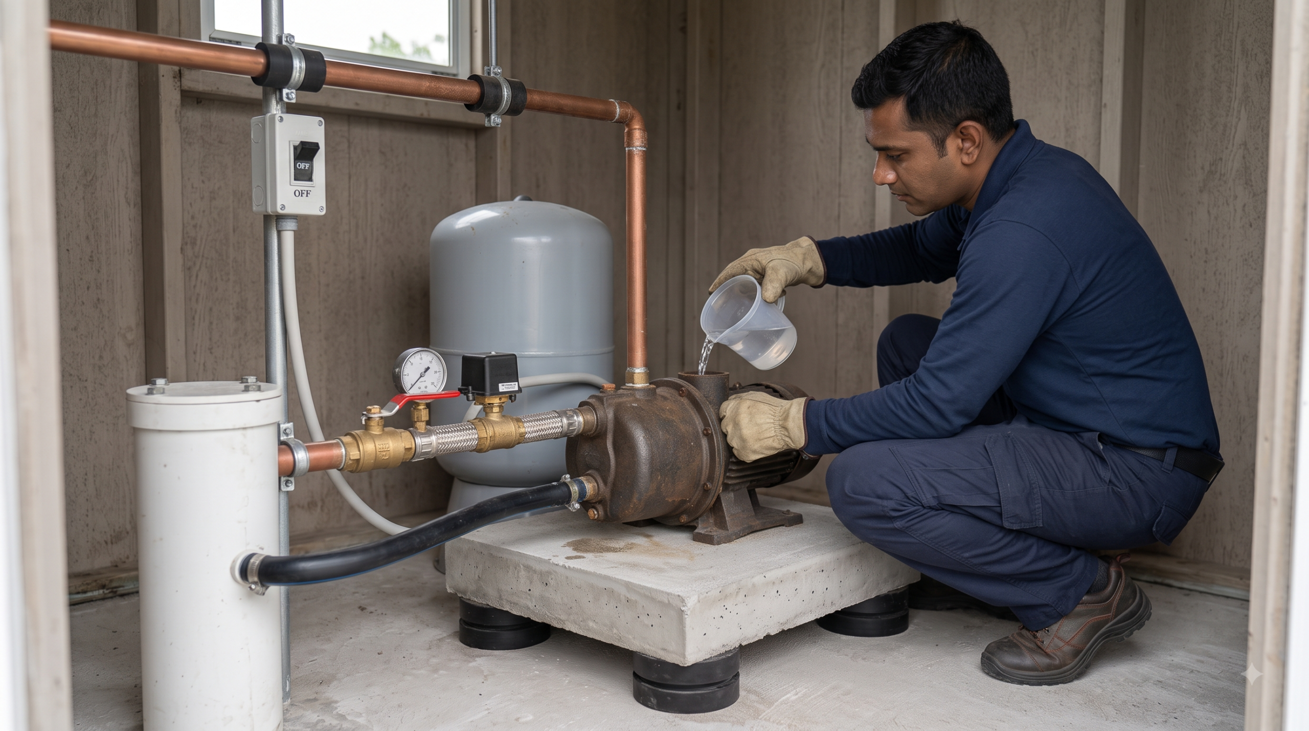 Technician re-priming a shallow-well jet pump beside a sealed residential well casing