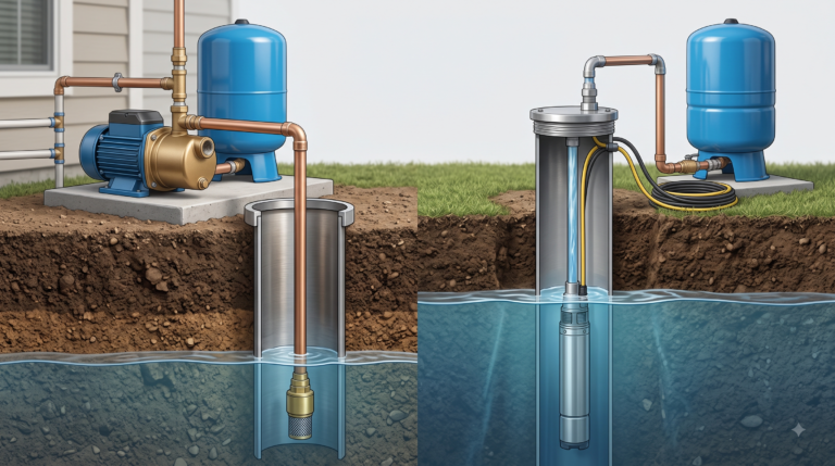Comparison of an above-ground jet pump and an underwater submersible well pump