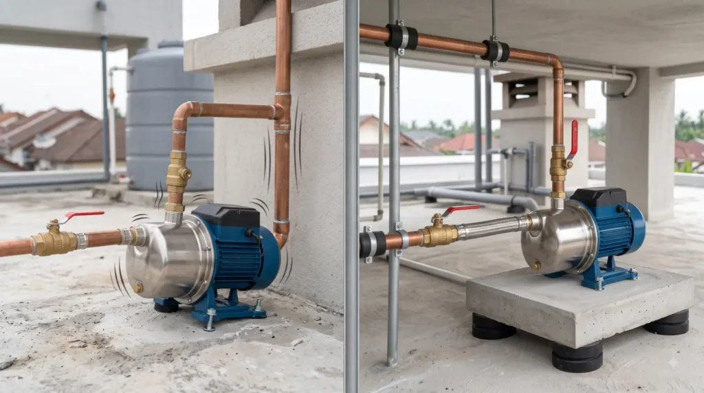 Comparison of a loose booster pump installation and a correctly secured pump with anti-vibration pads