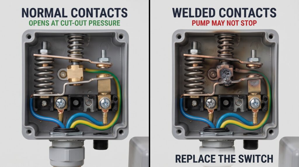 Comparison of normal and welded contacts inside a mechanical well pump pressure switch