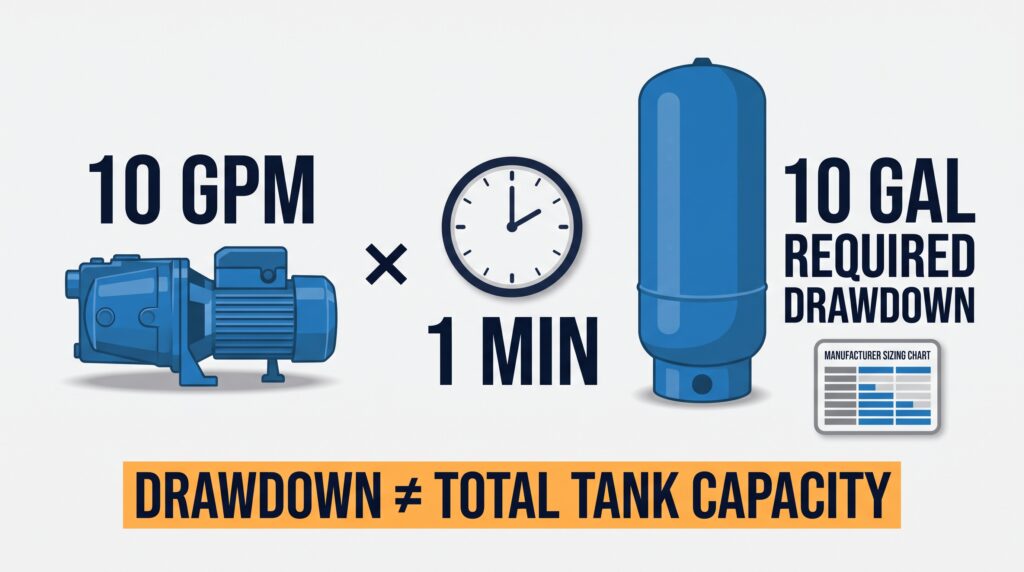 Pressure tank sizing example showing a 10 GPM pump requiring 10 gallons of drawdown for one minute