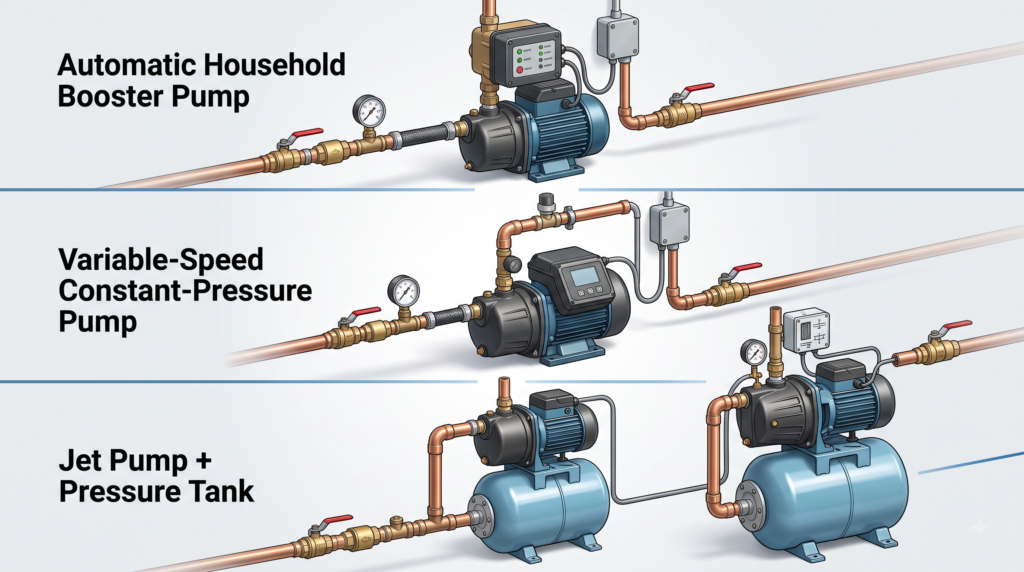 Comparison of automatic, variable-speed, and jet pump booster systems
