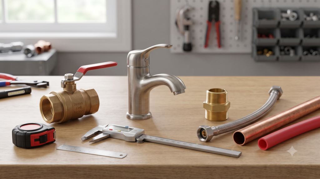 Plumbing products and measuring tools arranged for professional buying guide evaluation