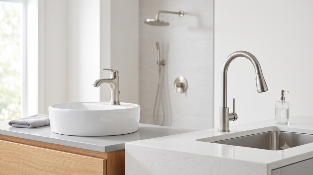 Bathroom and kitchen faucets, sink, and shower fixtures