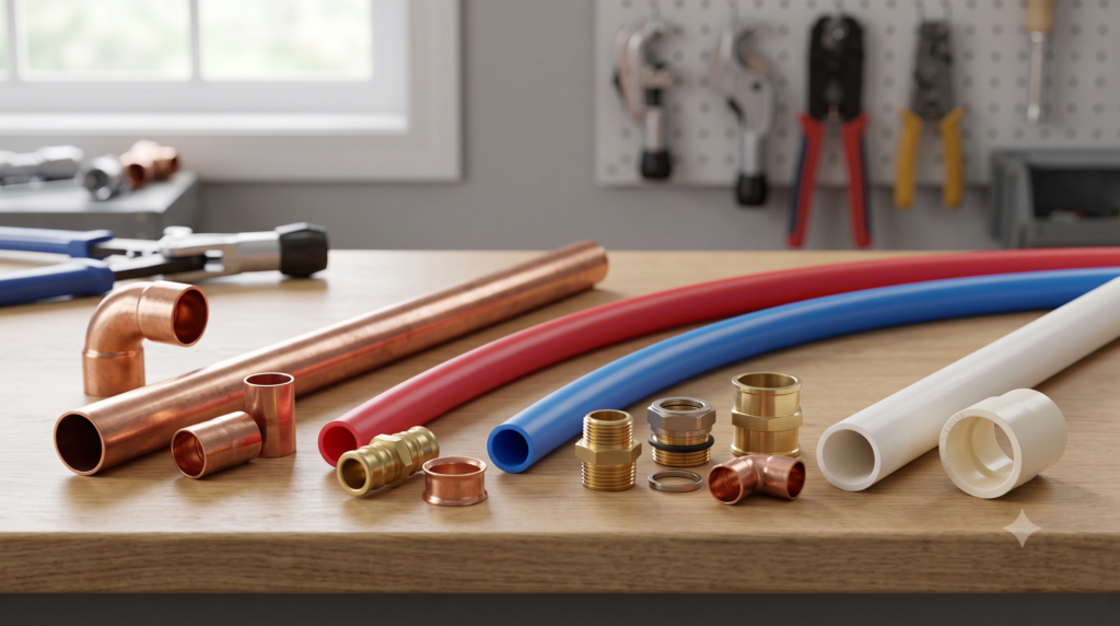 PEX, copper, and plastic plumbing pipes with common connection fittings