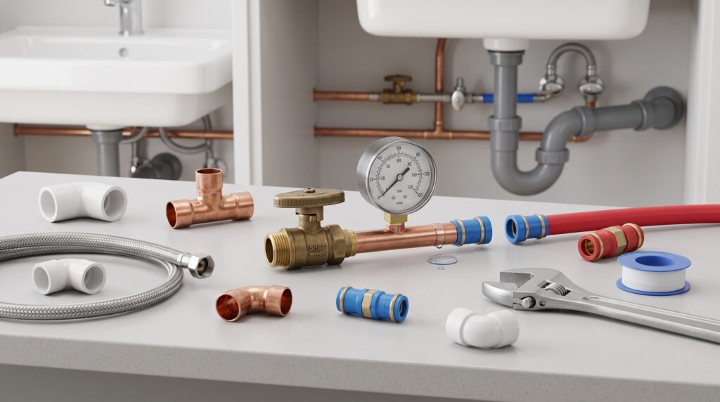 Residential plumbing valves, pressure gauge, pipes, fittings, and repair tools