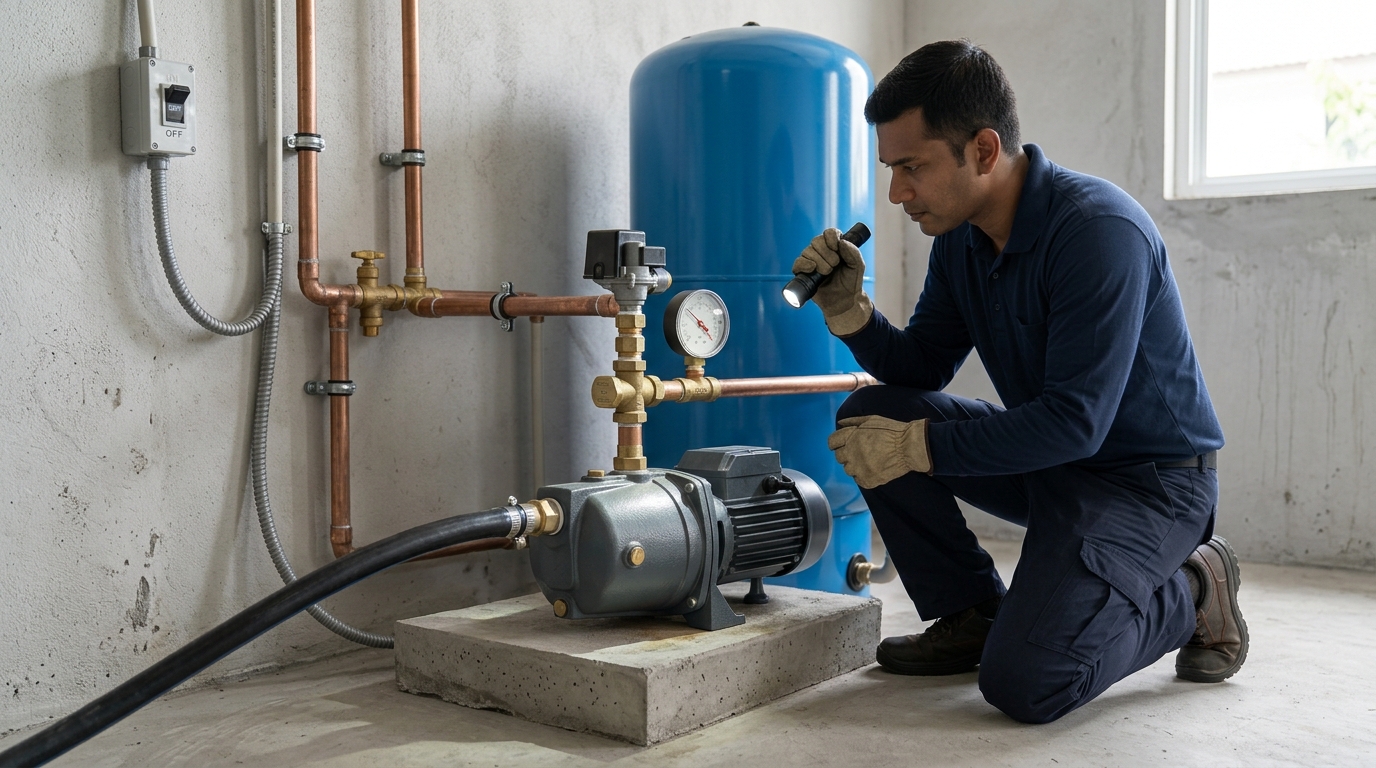 Technician diagnosing low water pressure in a residential Jet Pump and pressure tank system
