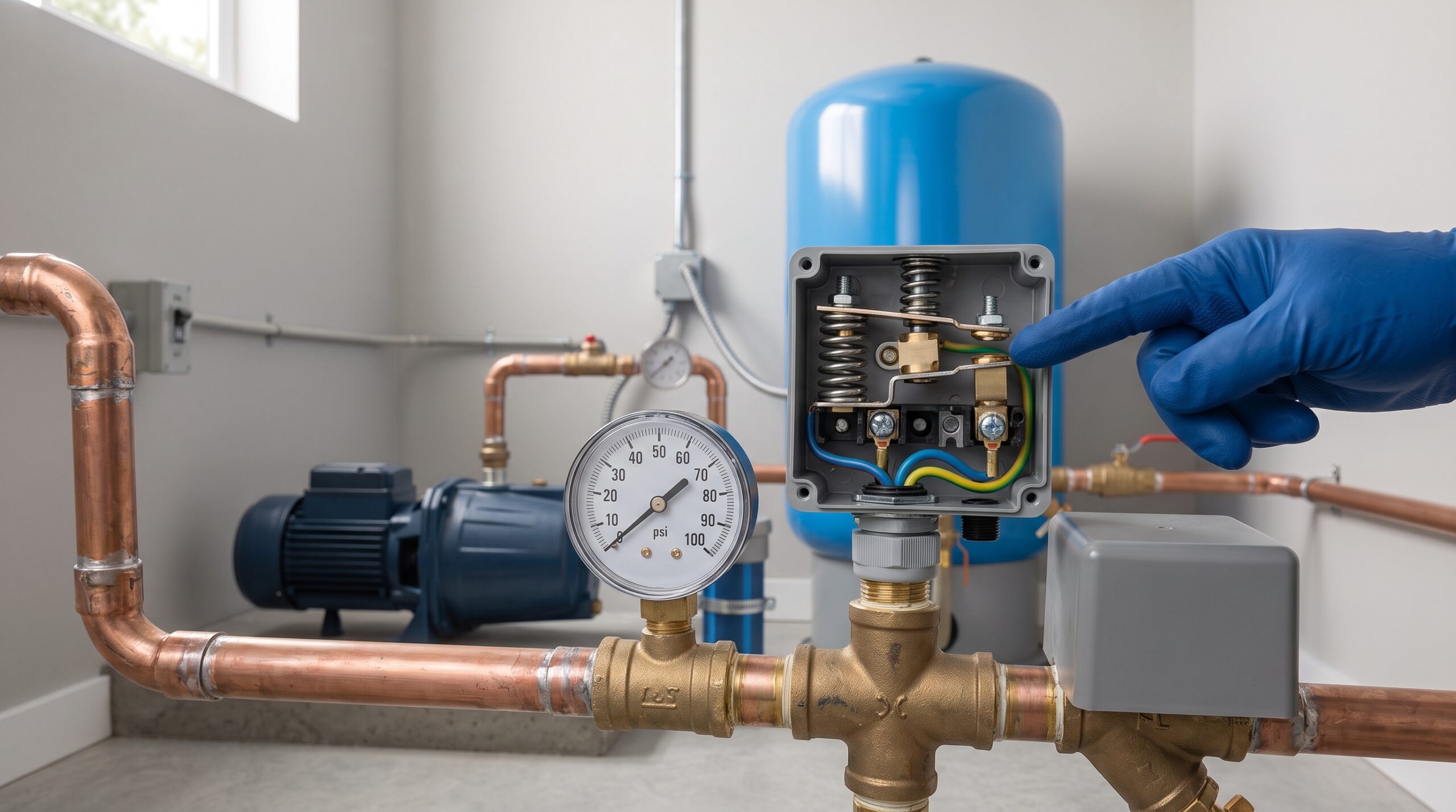 Mechanical well pump pressure switch being inspected beside a pressure gauge and Jet Pump system