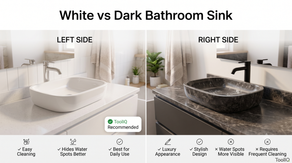 Comparison between a white ceramic bathroom sink and a dark stone-pattern sink showing differences in cleaning and maintenance.
